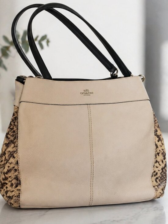Coach Handbags - Coach Beige Leather Snake Print Trim Should Bag
